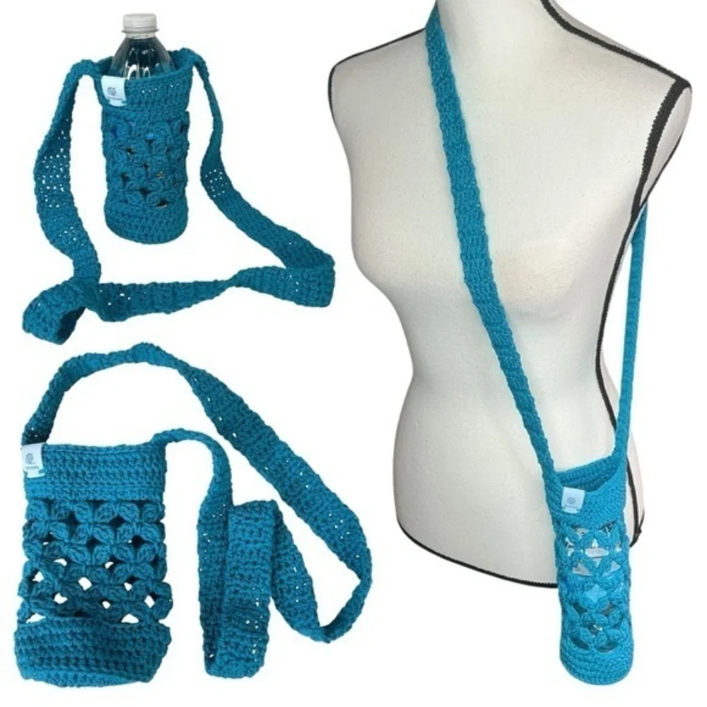 Crochet Crossbody Water Bottle Holder Bag Multicolor Handcrafted Cotton Handmade